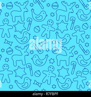 Vector Christmas Seamless Pattern. Blue background with deer, balloons, stars, birds, ginger men, candies, website cover, social networks pages Stock Vector