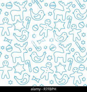 Vector Christmas Seamless Pattern. Blue background with deer, balloons, stars, birds, ginger men, candies, website cover, social networks pages Stock Vector