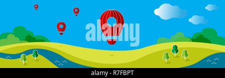 Vector illustration with a balloon on the background of the landscape. The cover of the site. Stock Vector