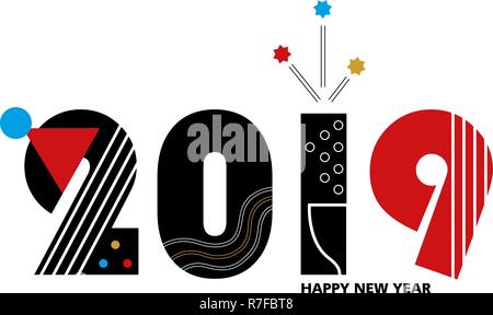 Happy New 2019 - vector template for a poster, banner, postcard, cover on the site, created by simple geometric figures. In the modern  style. Stock Vector