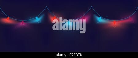 Christmas colored luminous garlands of bulbs on a dark, wavy, geometric background with a modern gradient in blue and red neon shades. Horizontal. Stock Vector