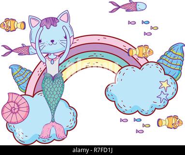 purrmaid with clouds and rainbow undersea Stock Vector