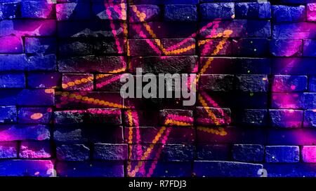 Star shapes on a colorful background. Virtual graffiti. Abstract image, drawn on a photo of a brick wall.