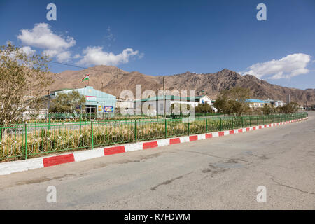 Murghab, Tajikistan, August 23 2018: Murghab with the Pamit Highway leading through the middle of the village Stock Photo