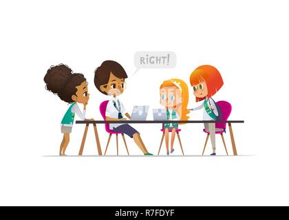 Happy girl scouts and female troop leader learning programming during lesson, Concept of coding for children in scouting camp. Vector illustration. Stock Vector