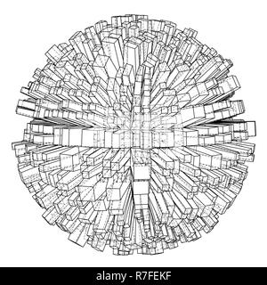 Abstract 3d Sphere with City, Blueprint Style Stock Vector