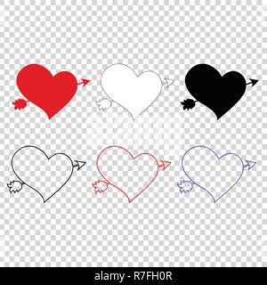 Vector icon set of different hearts pierced with arrow on transparent background. Elements for wedding or valentine day greeting card design. Lovestru Stock Vector