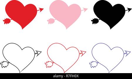 Vector icons set of different hearts pierced with arrow isolated on white background. Elements for wedding or valentine day greeting card design. Love Stock Vector