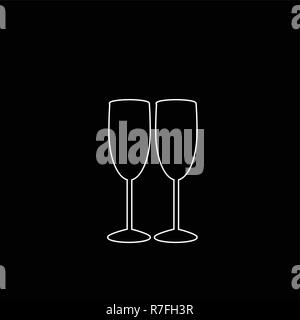 White outline silhouette of couple champagne or wine glasses on black background. Cheers icon. Fragile or packaging glass symbol, sign, clipart. Monoc Stock Vector