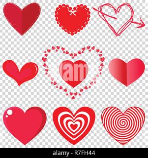 Vector set of heart on transparent background. Love symbol. Eelement for valentines day greeting card, t-shirt print, icon, logo, label, patch, sticke Stock Vector