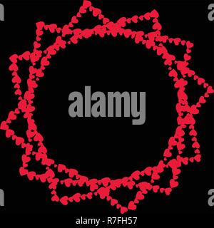 Star shaped frame with twelve rays made of different sized red cartoon hearts isolated on black background with round copy space in centre. Vector bor Stock Vector