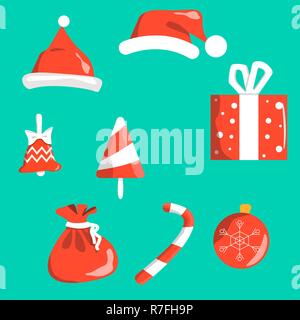 objects christmas symbols red with white isolated on background. Santa s cap, bell, Christmas-tree decoration ball, gift with ribbon, bag with gifts, caramel cane, sugar Christmas tree Stock Vector