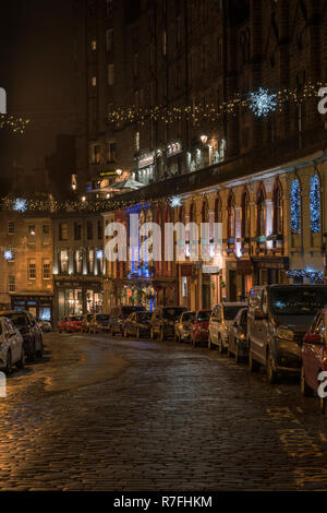 The speciality shops of the West Bow in Edinburgh bring an old world charm to the Christmas season in 2018 Stock Photo