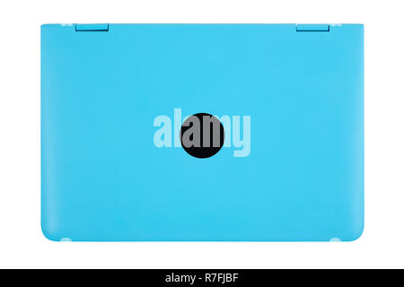 Closed blue laptop with a place for the logo top view Stock Photo