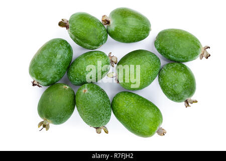 Tropical fruit feijoa Acca sellowiana isolated on white background. Top view. Flat lay pattern. Stock Photo