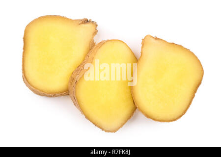 slices of fresh Ginger root isolated on white background. Top view. Flat lay. Stock Photo