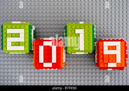 Tambov, Russian Federation - September 02, 2018 Four Lego cubes with numbers 2019 on gray baseplate background. Stock Photo