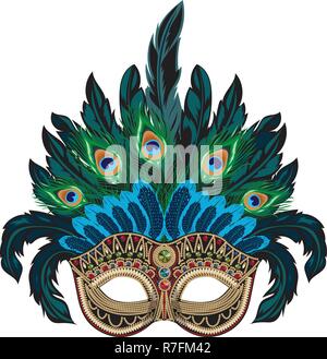 Vector blue ornate Venetian carnival mask with colorful feathers Stock Vector