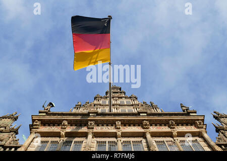 Old Town Hall with German Flag , Bremen, Germany, Europe