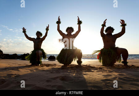 Three Male Hula Dancers At Sunset At Maui Hawaii Stock Photo Alamy