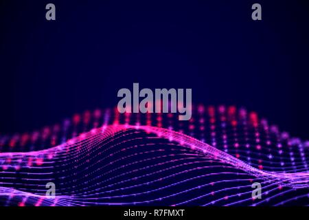 3D Sound waves with color dots. Big data abstract visualization. Stock Vector