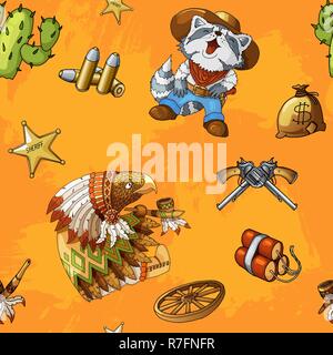Western rodeo seamless orange background pattern with colored vector elements Stock Vector