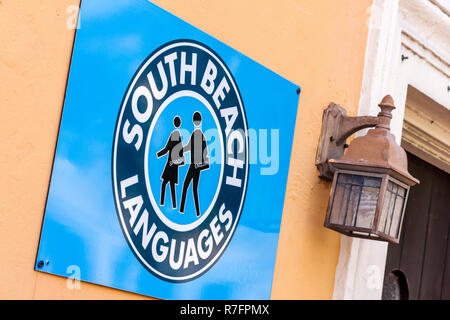 Miami Beach Florida,sign,logo,South Beach language,bilinguals,language,bilingual school,entrance,front,learn learns learning,classes,visitors travel t Stock Photo