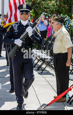 Miami Beach Florida,Police Station,Memorial Day Ceremony,federal holiday,remember,honor,Color Guard,veteran,WWII,military,Hispanic man men male adult Stock Photo