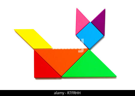 Color wood tangram puzzle in cat shape on white background Stock Photo