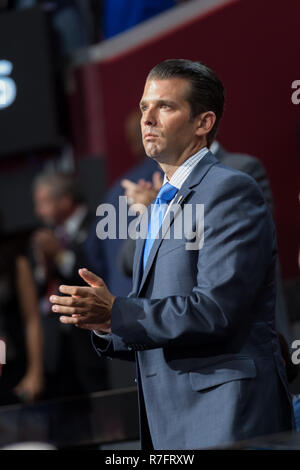 Don Trump, Jr., son of GOP Presidential nominee Donald Trump applauds during the first day of the Republican National Convention at the Quicken Loans Center July 18, 2016 in Cleveland, Ohio. Stock Photo