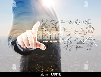 Abstract Double exposure of Business man touching an imaginary screen against white background Stock Photo