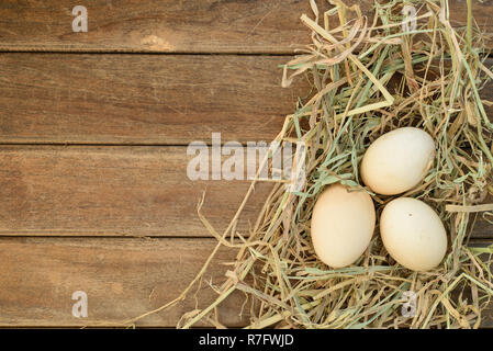 Egg in hay nest on old wooden table background, top view Stock Photo