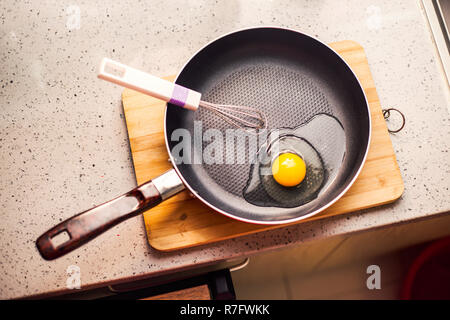 https://l450v.alamy.com/450v/r7fwkk/fried-egg-in-frying-pan-and-whisk-on-wooden-background-good-photo-r7fwkk.jpg