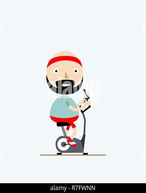 Man training on the exercise bike in the gym. Sport and healthy lifestyle. Isolated flat vector illustration Stock Vector