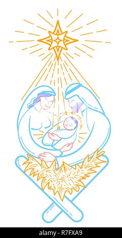 Bible scene illustration the Nativity of jesus christ. Holy family. Merry christmas icon in linear style Stock Vector