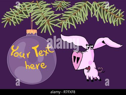 Cute cartoon boy pig under christmas tree. Big christmas toy with copy space hanging on the pine tree. Funny piglet with heart shaped snout. Year of t Stock Vector