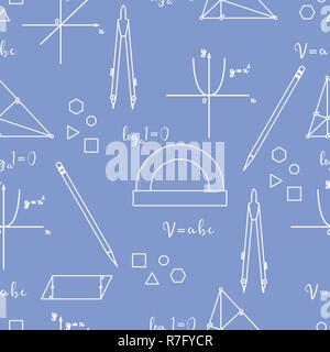 Mathematical scientific vector seamless pattern with geometry plots, tools and formulas. Education elements. Compasses, protractor, pencil, graphics,  Stock Vector
