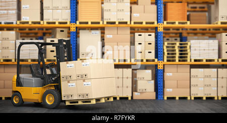 Forklift truck in storage warehouse. Fork lift lifting pallet with cardboard boxes. 3d illustration Stock Photo