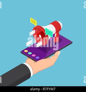 Flat 3d isometric businessman holding smartphone with announcing megaphone on his hand. Mobile marketing and digital advertising concept. Stock Vector