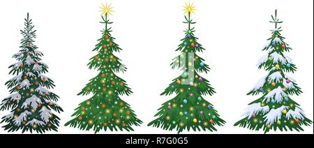 Set Christmas Holiday Fir Trees with Decorations, Stars and Snow Isolated on White Background. Vector Stock Vector