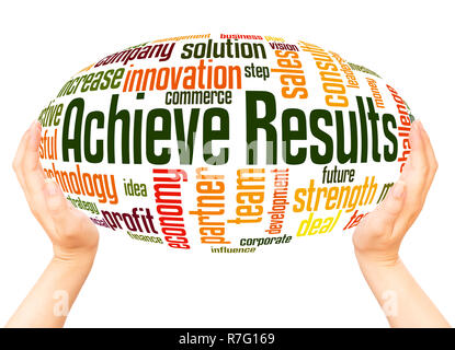 Achieve Results word cloud hand sphere concept on white background. Stock Photo