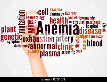 Anemia word cloud and hand with marker concept on white background. Stock Photo