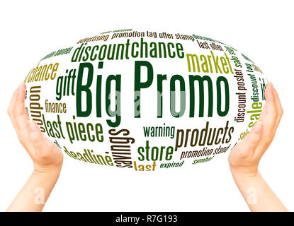 Big Promo word cloud hand hand sphere on white background. Stock Photo