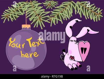 Cute cartoon girl pig under christmas tree. Big christmas toy with copy space hanging on the pine tree. Funny piglet with heart shaped snout. Year of  Stock Vector
