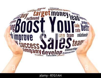 Boost Your Sales word cloud hand sphere concept on white background. Stock Photo