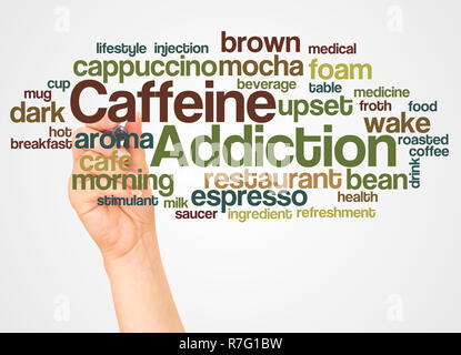 Caffeine addiction word cloud and hand with marker concept on white background. Stock Photo