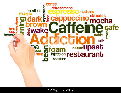 Caffeine addiction word cloud hand writing concept on white background. Stock Photo
