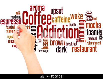 Coffee addiction word cloud hand writing concept on white background. Stock Photo