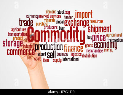 Commodity word cloud and hand with marker concept on white background. Stock Photo
