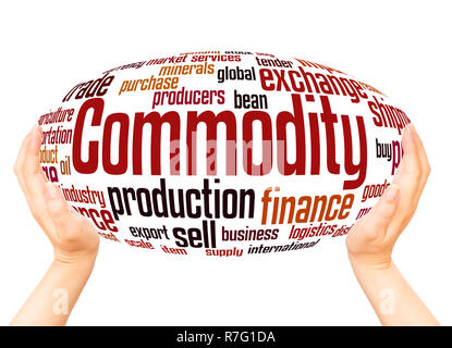 Commodity word cloud hand sphere concept on white background. Stock Photo